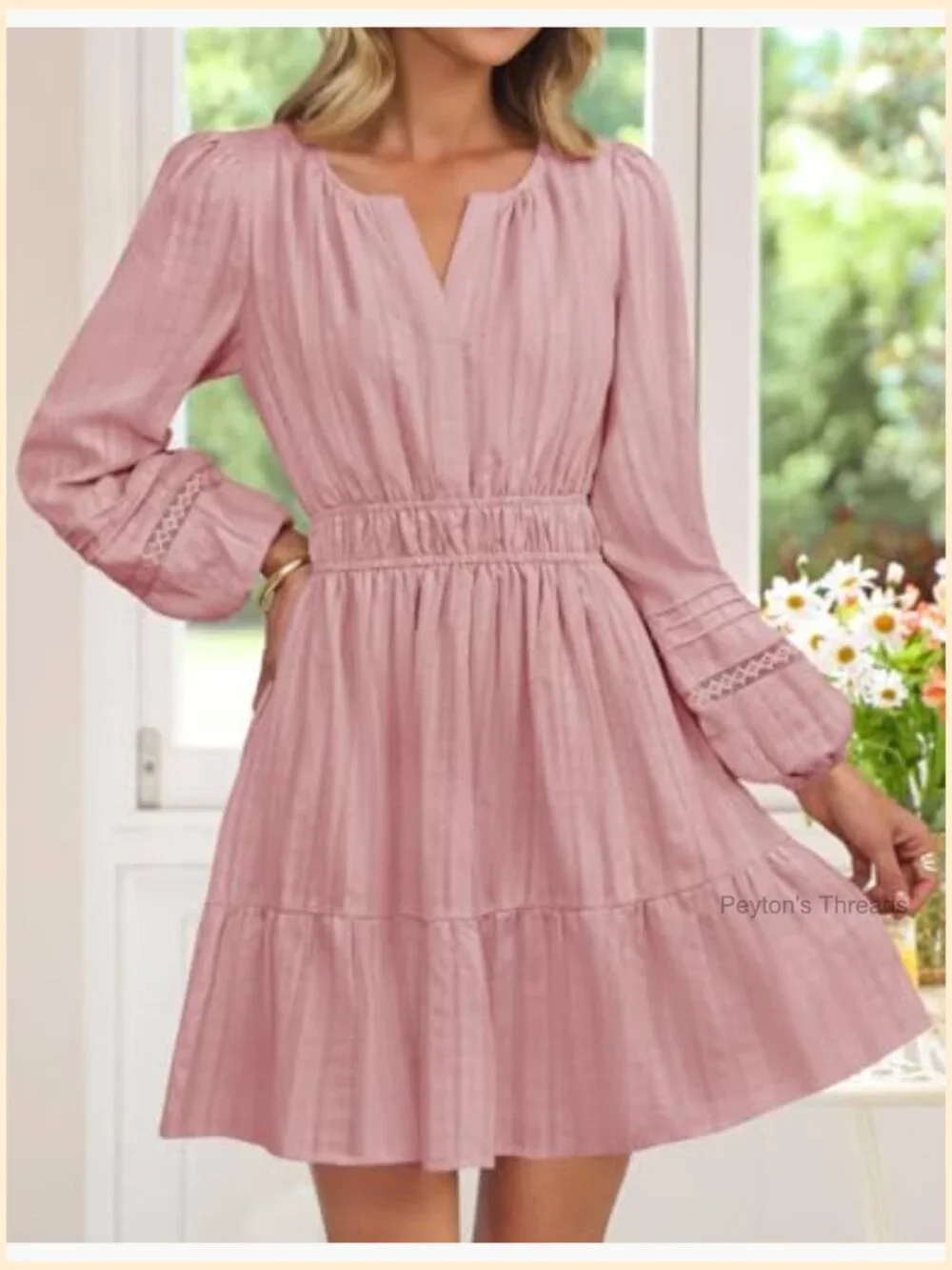 Long Sleeve V Neck Mini Dress Ruffle Pleated A Line Party Dress - Picture 2 of 7